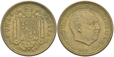 Испания 1 песета 1953 (56) Франсиско Франко (1939-1975) KM 775 алюминиевая бронза 4604-331