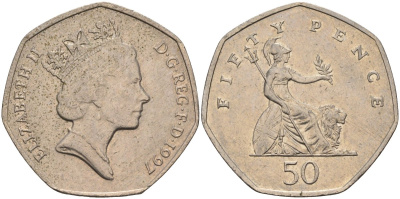 Великобритания 50 пенсов 1997 Елизавета II (1952-2022) KM 940.2, Spink 4351 (H7) медно-никель 4583-1243