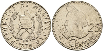 Гватемала 25 сентаво 1979 женская голова влево KM 278.1 медно-никель 4367-721