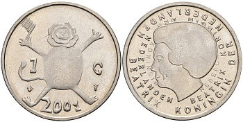 Нидерланды 1 гульден 2001 прощай гульден, детский рисунок, лев с флагом в руках KM 233 никель 4141-141