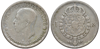 Швеция 1 крона 1945 TS, Густав V (1907-1950) KM 814 серебро 4178-712