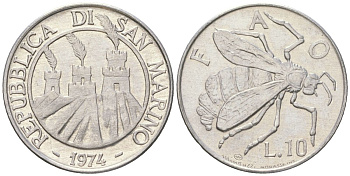 Сан-Марино 10 лир 1974 ФАО, пчела KM 33 алюминий aUNC 4119-254