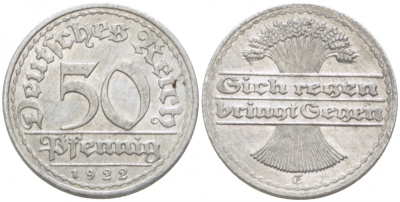 ГЕРМАНИЯ 50 ПФЕННИГОВ 1922 FG KM 27, J. 301, Weege 10 алюминий 77-624