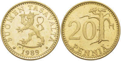 ФИНЛЯНДИЯ 20 ПЕННИ 1989 M KM 47 алюминиевая бронза UNC 3457-843
