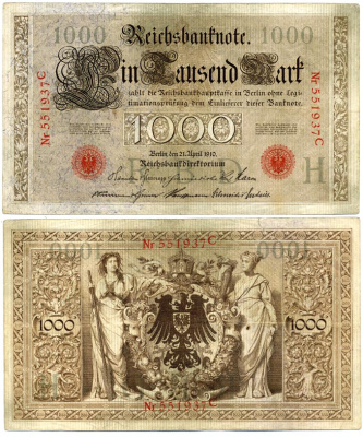 ГЕРМАНИЯ 1000 МАРОК 1910 21 АПРЕЛЯ 1910, ШЕСТЬ ЦИФР В НОМЕРЕ. КРАСНАЯ ПЕЧАТЬ Pick 44а бумага 8612-46-1