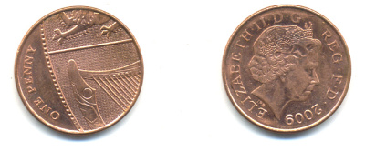 Великобритания 1 пенни 2009 Елизавета II (1952-2022) KM 1107, Spink B6 сталь плакированная медью 177-1211