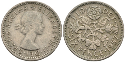 Великобритания 6 пенсов 1957 Елизавета II (1952-2022) KM 903, Spink 4149 медно-никель 75-1535