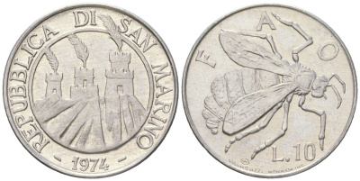 Сан-Марино 10 лир 1974 ФАО, пчела KM 33 алюминий aUNC 4119-254