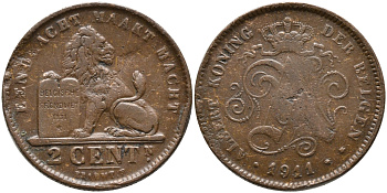 БЕЛЬГИЯ 2 САНТИМА 1911 BELGEN KM 65 медь 4391-243