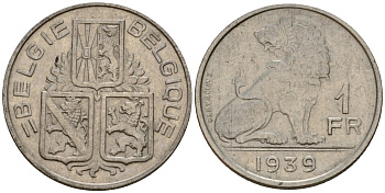 Бельгия 1 франк 1939 Belgie - Belgique KM 120 никель 4603-1252