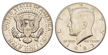 США 1/2 доллара (50 центов) 1983 D, Джон Кеннеди KM A202b медь плакированная медно-никелем aUNC 180-343