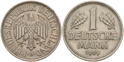 ФРГ 1 марка 1969 D KM 110, J. 385 медно-никель 4159-1112