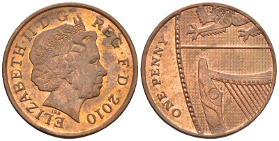 Великобритания 1 пенни 2010 Елизавета II (1952-2022) KM 1107, Spink B6 сталь плакированная медью 4609-711