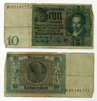 Германия 10 рейхсмарок 1929 Альбрехт Д. Тэер, буква P, серия R Pick 180a, Ros. 173е  бумага 7146-50-4-2