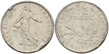 ФРАНЦИЯ 1/2 ФРАНКА 1966 СЕЯТЕЛЬ KM 931.1, LE FRANC 198.5 никель 4551-622