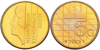Нидерланды 5 гульденов 1993 Беатрикс (1980-2013) KM 210 никель плакированный бронзой 4116-212