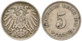 Германия 5 пфеннигов 1913 D, KM 11, J. 12 медно-никель 220-656