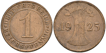 Германия 1 рейхспфенниг 1925 A KM 37, J. 313 бронза 4189-1117