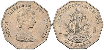 Организация Восточно-карибских государств (Восточный Карибы) 1 доллар 1989 Елизавета II (1952-2022), парусник, первый год KM 20 медно-никель 4388-936
