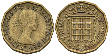 Великобритания 3 пенса 1960 Елизавета II (1952-2022) KM 900, Spink 4153 никель латунь  4603-143