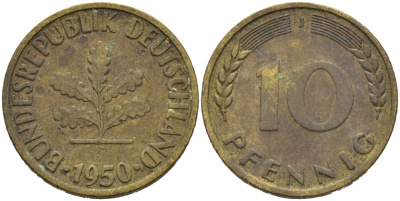 ФРГ 10 ПФЕННИГОВ 1950 J KM 103, J. 378 сталь плакированная латунью 4514-815
