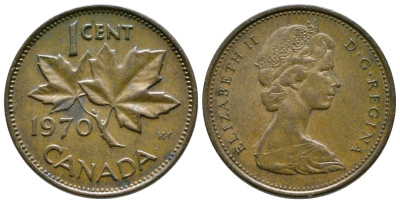 Канада 1 цент 1970 Елизавета II (1952-2022), кленовый лист KM 59.1 бронза 46-1453