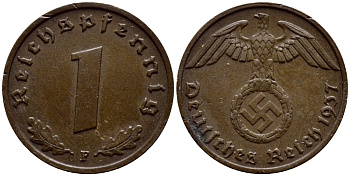 ГЕРМАНИЯ 1 РЕЙХСПФЕННИГ 1937 F КМ 89 J.361 бронза 4387-624