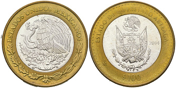 Мексика 100 песо 2004 180 лет Федерации - Керетаро Артеага KM 734 биметалл, серебро BU 00-1067-9-13