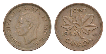 Канада 1 цент 1946 Георг VI (1936-1952), кленовый лист KM 32 бронза 4630-519