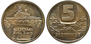 ФИНЛЯНДИЯ 5 МАРОК 1990 M, КОРАБЛЬ KM 57 алюминиевая бронза UNC 3334-813