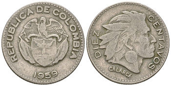 Колумбия 10 сентаво 1959 В, индеец Каларка KM 212 медно-никель 4611-854