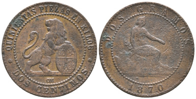 ИСПАНИЯ 2 САНТИМА 1870 ОМ KM 661 (Y52) медь 34-317