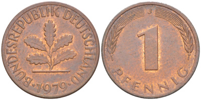 ФРГ 1 ПФЕННИГ 1979 J KM 105, J. 380 сталь плакированная медью 4181-633