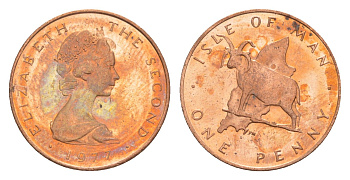 Остров Мэн 1 пенни 1977 Елизавета II (1952-2022) KM 33 бронза aUNC 4647-148
