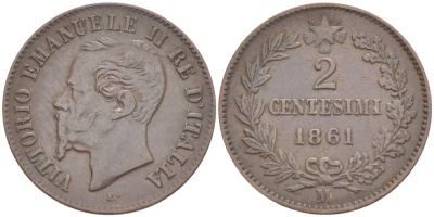 ИТАЛИЯ 2 ЧЕНТЕЗИМО 1861 М, МОНДВОР МИЛАН, ВИКТОР ЭММАНУИЛ II (1861-1878) KM 2.1 медь 4182-1214