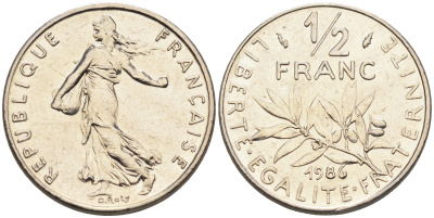Франция 1/2 франка 1986 сеятель KM 931.1, Le Franc 198.25 никель    4169-217