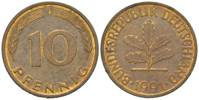 Германия 10 пфеннигов 1991 G KM 108, J. 383 сталь плакированная латунью 4604-1146