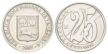 Венесуэла 25 сентимо 2007 Y 91 сталь плакированная никелем UNC 4697-1035