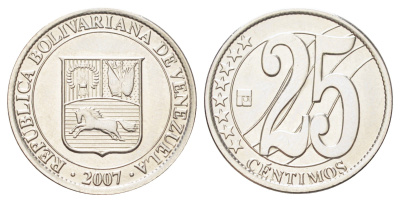 Венесуэла 25 сентимо 2007 Y 91 сталь плакированная никелем UNC 4697-1035