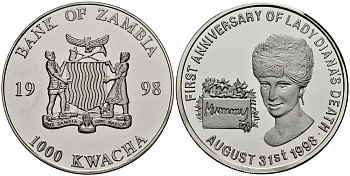 Замбия 1000 квача 1998 годовщина гибели леди Дианы, 31 августа 1998 KM 180 медно-никель PROOF 11-233-55