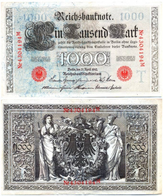 ГЕРМАНИЯ 1000 МАРОК 1910 ВЫПУСК СЕНТЯБРЬ 1922 ГОДА, КРАСНАЯ ПЕЧАТЬ, 7 ЦИФР В НОМЕРЕ, БУКВА Т, СЕРИЯ М Pick 44b, Розенберг 45с бумага 7203-69-2