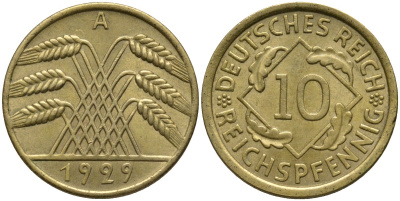 Германия 10 рейхспфеннигов 1929 A KM 40 алюминиевая бронза 4171-345