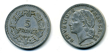ФРАНЦИЯ 5 ФРАНКОВ 1946 KM 888b.1 алюминий 36-846