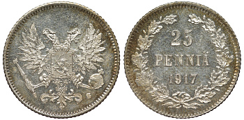 Россия для Финляндии 25 пенни 1917 S, временное правительство, без короны KM 19, Биткин 2 серебро 75-1531