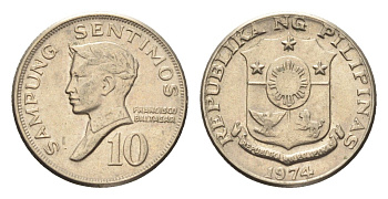 Филиппины 10 сентимо 1974 KM 198 медно-никель UNC 4668-666