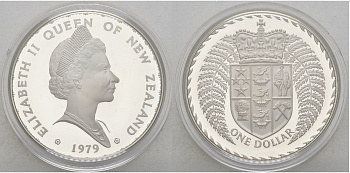 Новая Зеландия 1 доллар 1979 герб Новой Зеландии, Елизавета II (1952-2022), в оригинальной коробке KM 48а серебро PROOF 7-5-5-24