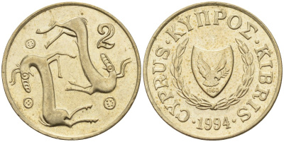 Кипр 2 цента 1994 KM 54.3 никель латунь 4596-112