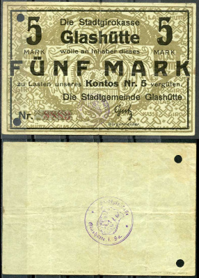 Германия, Гласхютте 5 марок ND нотгельд, Stadtgirokasse   бумага 444-96-1-2