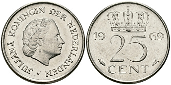 Нидерланды 25 центов 1969 Юлиана (1948-1980) KM 183 никель 96-217