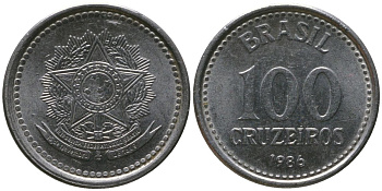Бразилия 100 крузейро 1986 KM 595, Schon 104 нержавеющая сталь 4567-1019